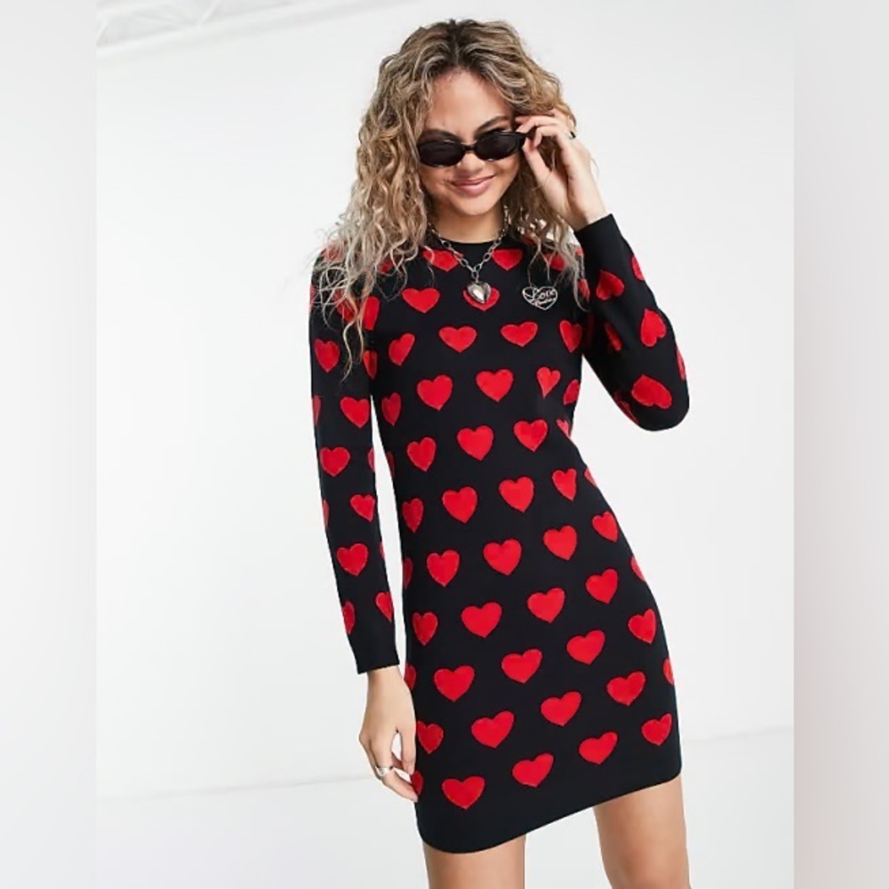 Love Moschino Black Knit Mini Dress with Red Heart Print